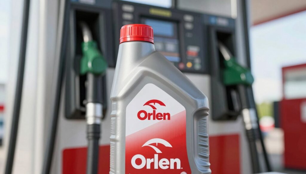 A close-up view of a high-quality bottle of engine oil prominently displayed at a fuel station. The foreground features a sleek, modern bottle labeled “Orlen” with its logo clearly visible, showcasing a vibrant color scheme of red and white. In the middle, a fuel pump is partially visible, with a blurred background of a gas station, emphasizing the convenience of purchasing oil on the go. Soft, natural lighting illuminates the scene, casting gentle reflections on the bottle, making it appear fresh and appealing. The angle is slightly tilted, focusing on the oil bottle, creating a dynamic feel. The overall atmosphere is clear, professional, and informative, suitable for illustrating a section about engine oil choices while traveling. No text or branding other than the product label is included.