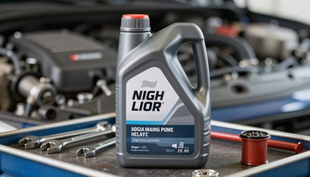 A close-up view of a high-quality engine oil additive bottle, prominently displayed in the foreground, with a clean, modern design showcasing its label and ingredients. The middle ground features a mechanic's toolkit, including wrenches and oil filter, conveying a professional automotive environment. In the background, a blurred engine component adds context to the automotive theme. Soft, natural lighting highlights the product's details, casting gentle shadows for depth. The mood should be informative and focused, evoking a sense of expertise and reliability in automotive maintenance. The angle should be slightly tilted downwards to emphasize the product and its importance in engine care, ensuring the essence of high-quality oil additives is captured.