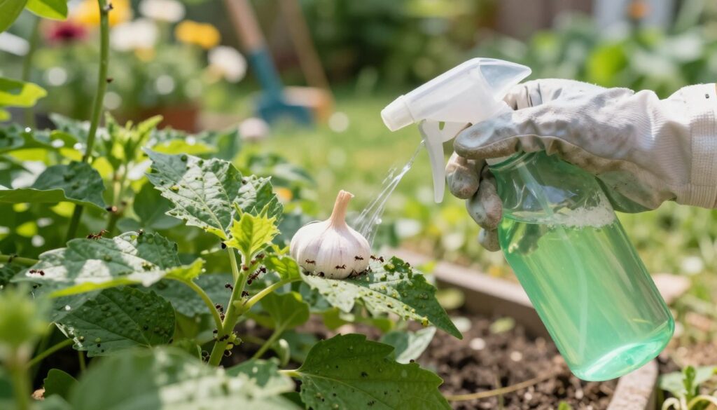 A close-up view of a natural garden scene where a homemade solution made from soap and garlic is being applied over a small cluster of ants. In the foreground, a clear spray bottle filled with a greenish liquid indicating the soap and garlic mix is held by a person's hand, wearing biodegradable gardening gloves. The middle ground features lush green plants, with some visible aphids on leaves, attracting the ants. A soft sunlight filters through the leaves, casting gentle shadows. The background shows a blurred garden landscape with blooming flowers and tooling, evoking a serene and eco-friendly atmosphere. The overall mood is hopeful and proactive, emphasizing organic gardening methods.