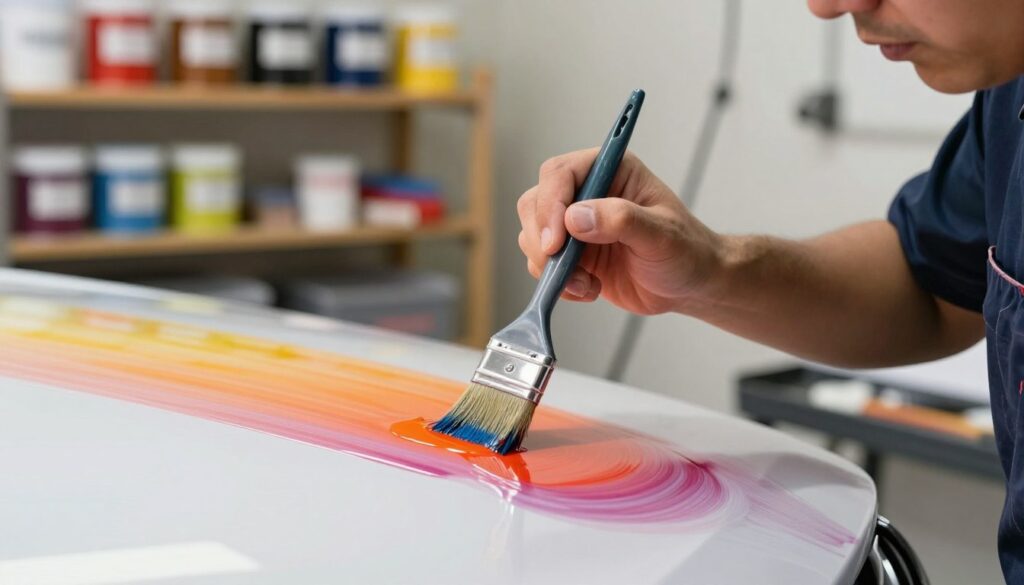 A close-up view of a paint blending process featuring a skilled technician in professional attire, carefully applying a shading solvent to a freshly painted surface. The foreground showcases the technician's focused hands holding a brush, delicately mixing the solvent with paint to create a seamless transition. In the middle, the vibrant colors of paint blend harmoniously, highlighting the solvent’s role in achieving gradient effects without harsh lines. The background is softly blurred, featuring shelves lined with various paint containers and tools, with warm, natural lighting illuminating the scene, creating an inviting and professional atmosphere. The overall mood is one of precision and expertise in the art of automotive finishing. A close-up view of a paint blending process featuring a skilled technician in professional attire, carefully applying a shading solvent to a freshly painted surface. The foreground showcases the technician's focused hands holding a brush, delicately mixing the solvent with paint to create a seamless transition. In the middle, the vibrant colors of paint blend harmoniously, highlighting the solvent’s role in achieving gradient effects without harsh lines. The background is softly blurred, featuring shelves lined with various paint containers and tools, with warm, natural lighting illuminating the scene, creating an inviting and professional atmosphere. The overall mood is one of precision and expertise in the art of automotive finishing.