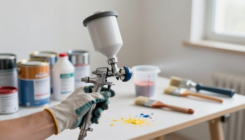 A close-up view of a paint sprayer in action, showcasing the precise technique of paint dilution for airless spraying. In the foreground, a hand in professional work gloves adjusts the nozzle of the sprayer, with vibrant paint colors splattering lightly around. The middle ground features a painter's workspace: various cans of paint and solvents, measuring cups, and brushes neatly arranged. The background fades into a soft-focus of a bright, well-lit workshop, highlighting the tools and equipment one would use in spray painting. The scene is illuminated by natural light streaming in, creating a clean, focused atmosphere for the task at hand, conveying professionalism and expertise in the art of paint dilution for spray application.