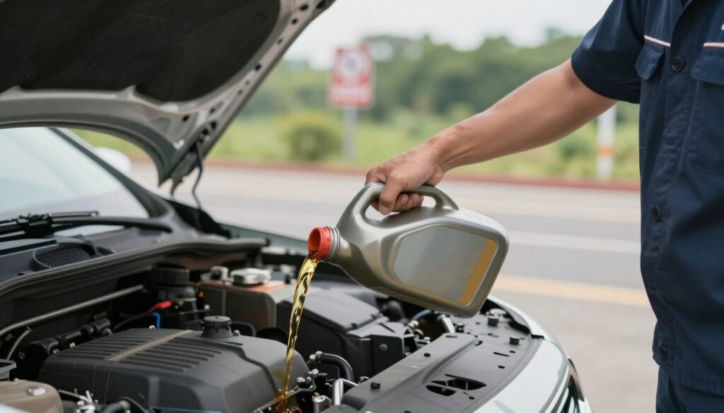 A close-up view of a person in professional attire carefully pouring oil into a car’s engine bay in a natural setting, such as a roadside or gas station. The foreground captures the person's focused expression and steady hands as they hold an oil container, showcasing the importance of safe practices when adding oil. In the middle ground, the open hood of a vehicle reveals the engine components, gleaming in the soft daylight. The background features an unobtrusive landscape, perhaps trees or a distant road sign, illustrating a tranquil environment to enhance the notion of safety on the road. The lighting is soft and natural, suggesting an afternoon, with a gentle bokeh effect. The overall atmosphere conveys diligence and care.
