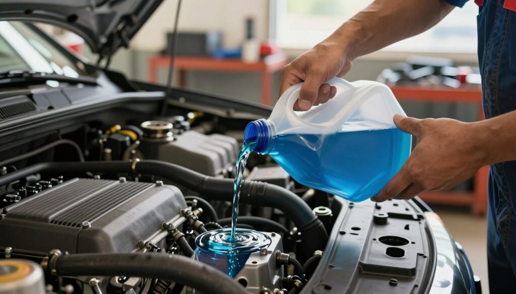 A close-up view of a skilled mechanic wearing professional attire, meticulously pouring vibrant blue coolant into a car’s engine bay. The foreground showcases the mechanic's hands and the translucent coolant container, with a glistening drop captured mid-air, emphasizing precision. In the middle ground, the engine components are visible, showcasing the radiator and hoses, with clear reflections of natural light highlighting the textures of metal and plastic. The background features a cluttered garage environment, with tools and equipment neatly arranged, soft focus to keep the attention on the coolant action. The mood is focused and industrious, with warm, inviting lighting illuminating the scene, conveying a sense of professionalism and expertise in automotive care.