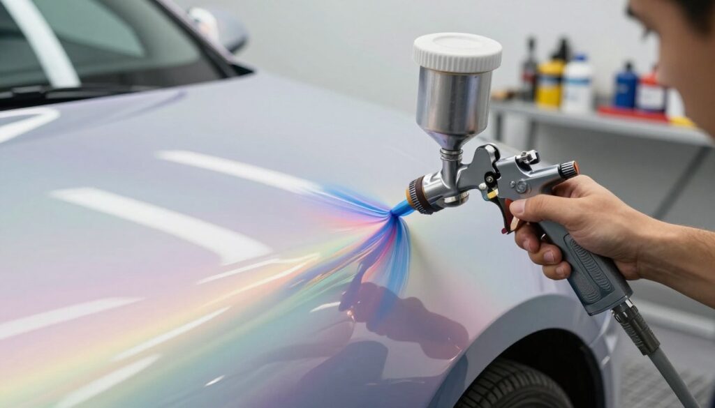 A close-up view of a skilled professional applying paint shading techniques on a glossy car surface. In the foreground, a hand holding a spray gun delicately adjusts the angle, with vibrant, semi-transparent layers of color blending seamlessly to create an invisible transition. The middle ground features the car, showcasing a stunning iridescent finish that catches the light, revealing nuances of color and depth. The background is softly blurred, suggesting a well-lit garage environment with tools and paint supplies neatly arranged. Natural lighting highlights the gloss and texture of the paint, creating a serene and focused atmosphere, emphasizing the precision and artistry involved in the paint shading process. A close-up view of a skilled professional applying paint shading techniques on a glossy car surface. In the foreground, a hand holding a spray gun delicately adjusts the angle, with vibrant, semi-transparent layers of color blending seamlessly to create an invisible transition. The middle ground features the car, showcasing a stunning iridescent finish that catches the light, revealing nuances of color and depth. The background is softly blurred, suggesting a well-lit garage environment with tools and paint supplies neatly arranged. Natural lighting highlights the gloss and texture of the paint, creating a serene and focused atmosphere, emphasizing the precision and artistry involved in the paint shading process.
