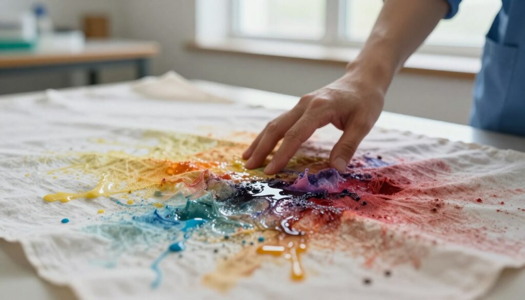 A close-up view of a stained piece of fabric, displaying an array of vivid colors from a solvent spill, capturing the intricacies of the texture as the fibers absorb the solvent. In the foreground, the fabric shows distinct, wet patches contrasted by dry areas, emphasizing the damage and chaos of the spill. The middle ground features a hand gently touching the fabric, demonstrating a cautious approach to avoid spreading the stain, dressed in a professional sleeve to convey care. The background consists of a softly blurred, well-lit workshop setting, with a focus on natural light streaming through a nearby window, creating a calm atmosphere. Overall, the image evokes a sense of urgency yet highlights the need for careful handling in odor management. A close-up view of a stained piece of fabric, displaying an array of vivid colors from a solvent spill, capturing the intricacies of the texture as the fibers absorb the solvent. In the foreground, the fabric shows distinct, wet patches contrasted by dry areas, emphasizing the damage and chaos of the spill. The middle ground features a hand gently touching the fabric, demonstrating a cautious approach to avoid spreading the stain, dressed in a professional sleeve to convey care. The background consists of a softly blurred, well-lit workshop setting, with a focus on natural light streaming through a nearby window, creating a calm atmosphere. Overall, the image evokes a sense of urgency yet highlights the need for careful handling in odor management.