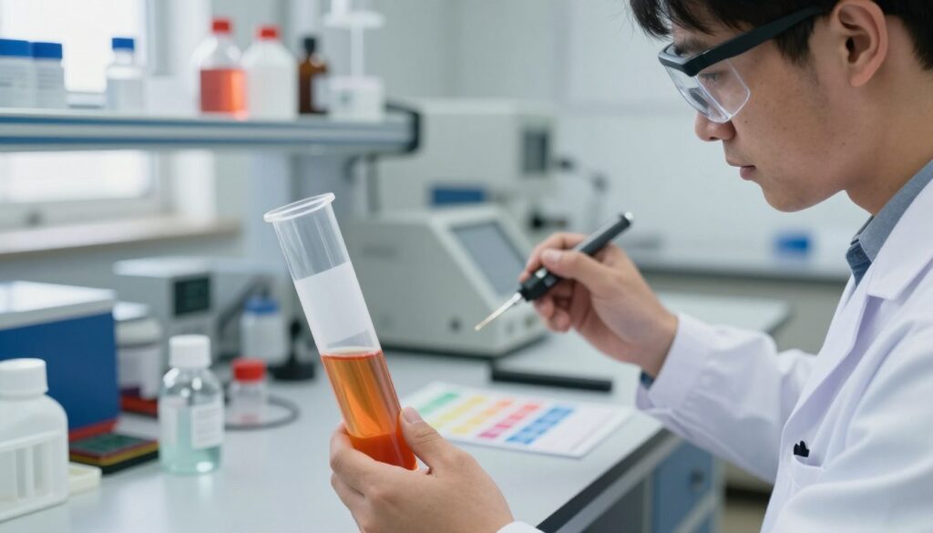 A close-up view of a technician inspecting a coolant fluid sample in a laboratory. The foreground features a clear, labeled vial containing vibrant, colored coolant fluid, with a focus on its texture and clarity. In the middle ground, the technician, dressed in a clean lab coat and safety goggles, is analyzing the sample with a pH meter and color chart. The background shows a well-organized laboratory setting with shelves of chemical reagents, tools, and diagnostic equipment, bathed in soft, natural light from a window, creating a calm and professional atmosphere. The overall mood conveys meticulous attention to detail and scientific rigor in diagnosing cooling system issues based on fluid appearance.