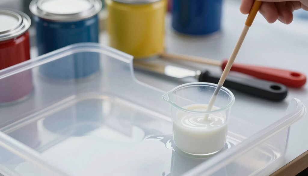 A close-up view of a transparent automotive clear coat lacquer in a mixing container, showcasing its glossy, reflective surface. The foreground features a small measuring cup filled with a solvent, ready to be added to the lacquer, highlighting the precise measurements for a perfect blend. In the middle ground, paint mixing tools like a stir stick and a palette knife are arranged neatly, emphasizing the preparation process. The background contains blurred automotive paint cans in vibrant colors, suggesting a professional workshop atmosphere. Soft, diffused lighting enhances the clarity and shine of the lacquer, creating an inviting and focused mood conducive to craftsmanship. The angle is slightly tilted to provide depth while maintaining a professional, clean presentation. A close-up view of a transparent automotive clear coat lacquer in a mixing container, showcasing its glossy, reflective surface. The foreground features a small measuring cup filled with a solvent, ready to be added to the lacquer, highlighting the precise measurements for a perfect blend. In the middle ground, paint mixing tools like a stir stick and a palette knife are arranged neatly, emphasizing the preparation process. The background contains blurred automotive paint cans in vibrant colors, suggesting a professional workshop atmosphere. Soft, diffused lighting enhances the clarity and shine of the lacquer, creating an inviting and focused mood conducive to craftsmanship. The angle is slightly tilted to provide depth while maintaining a professional, clean presentation.