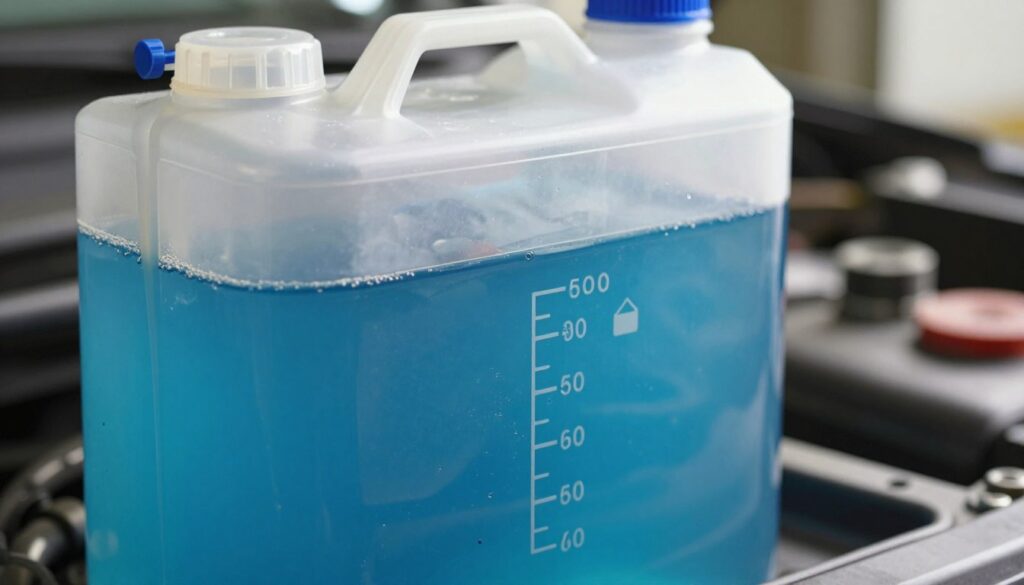 A close-up view of a transparent coolant reservoir tank, showcasing the clear liquid inside with visible markings indicating fluid levels. The foreground features the reservoir in sharp detail, with focus on the measurement lines and corresponding indicators, capturing the vibrant blue coolant reflecting light. In the middle, a slight blur of automotive components can be seen, emphasizing the context of the cooling system. The background is softly blurred, hinting at a workshop environment with tools and machinery. The lighting is bright and natural, casting soft shadows to enhance the three-dimensionality of the tank. The atmosphere is technical and informative, highlighting the importance of fluid level markings.
