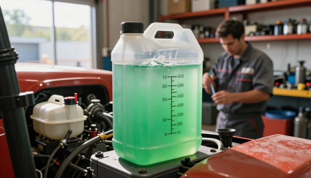 A close-up view of a transparent coolant reservoir with bright green antifreeze fluid inside, prominently showcasing the fluid level markings. In the foreground, place a well-maintained C-330 tractor, focusing on its engine compartment where the reservoir is located. The middle ground features a mechanic in professional attire, carefully checking the coolant level with a dipstick, surrounded by tools and equipment in a well-lit workshop. In the background, include industrial elements like shelves filled with spare parts and a clear window revealing a sunny day outside, creating a warm, informative atmosphere. Use soft natural lighting to enhance visibility and capture intricate details of the coolant and the machinery, emphasizing clarity and professionalism.
