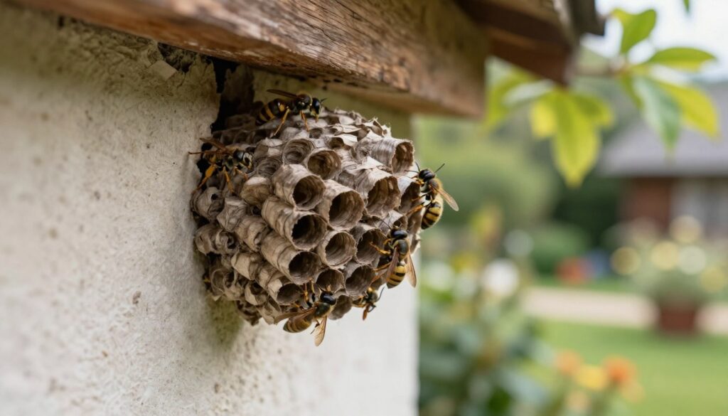 A close-up view of a wall featuring a hidden wasp nest, intricately integrated into the wooden structure, showcasing the delicate, paper-like texture of the nest. In the foreground, a small opening in the wall reveals the nest and the busy wasps entering and exiting. The middle ground highlights the rough texture of the wall, adding to the sense of concealment. The background is softly blurred, featuring a tranquil garden scene with greenery and soft sunlight filtering through leaves, creating an atmosphere of tension and urgency. The composition uses natural lighting to emphasize details on the nest, while shallow depth of field focuses on the nest itself. The overall mood is one of curiosity and caution, illustrating the hidden danger within a serene setting.