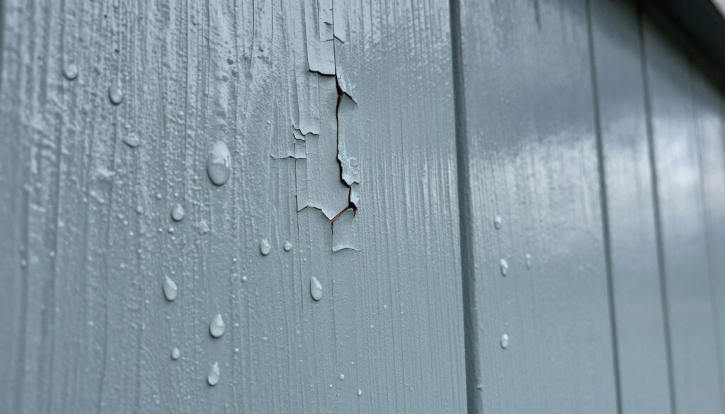 A close-up view of a weathered paint surface on a wooden wall, showcasing varying degrees of drying under different atmospheric conditions. In the foreground, droplets of moisture shimmer under soft, overcast lighting, creating a sense of humidity. The middle ground emphasizes areas of the paint that are cracking and peeling, highlighting the impact of sunlight and wind on the drying process. In the background, a hazy skyline with dark storm clouds looms, suggesting an impending rain. The atmosphere is tense yet serene, focusing on the intricate texture of the paint and the effects of environmental factors. The image is captured with a macro lens angle, enhancing the details and textures without any text or overlays.