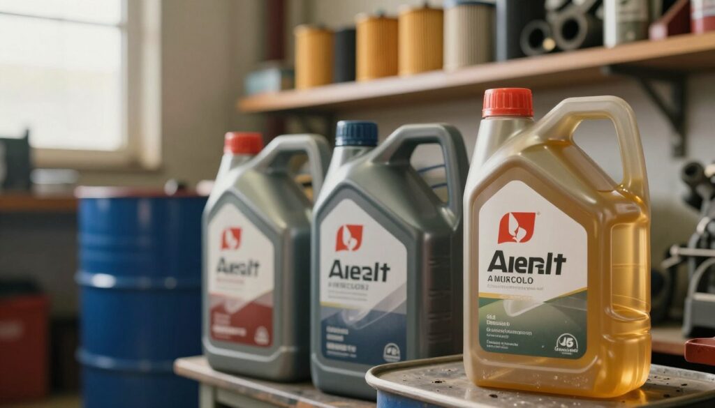A close-up view of a well-organized workshop setting showcasing various containers of engine oil in different stages of storage. In the foreground, a clear, labeled bottle of engine oil stands prominently, emphasizing its transparency and viscosity. The middle ground includes multiple jerry cans and oil drums, all well-maintained and neatly arranged. The background reveals shelves filled with oil filters and maintenance tools, framed by soft, warm lighting to create a reliable and industrial atmosphere. A hint of natural light filters through a window, adding depth to the scene. The overall mood reflects professionalism and care in oil storage, underlining the importance of proper conditions for maintaining oil quality.