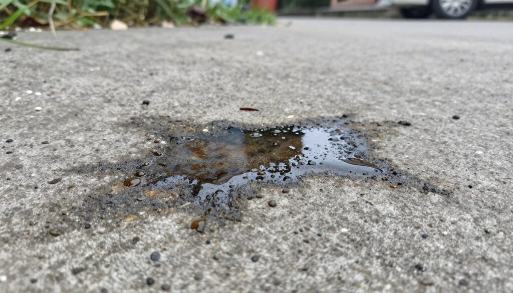 A close-up view of an oil stain on a rough concrete surface, capturing the dark, slick texture of the oil contrasting against the grey, porous concrete. In the foreground, droplets of oil shimmer subtly under soft, diffused natural light, creating a stark visual against the dull backdrop. The middle ground features scattered debris, like small pebbles and bits of grass, adding realism to the scene. The background should be slightly blurred to keep focus on the oil stain while hinting at a larger paved area in a residential or industrial setting. The overall mood is gritty and realistic, emphasizing the challenge of cleaning such stains, suitable for illustrating the struggle against stubborn oil marks. A close-up view of an oil stain on a rough concrete surface, capturing the dark, slick texture of the oil contrasting against the grey, porous concrete. In the foreground, droplets of oil shimmer subtly under soft, diffused natural light, creating a stark visual against the dull backdrop. The middle ground features scattered debris, like small pebbles and bits of grass, adding realism to the scene. The background should be slightly blurred to keep focus on the oil stain while hinting at a larger paved area in a residential or industrial setting. The overall mood is gritty and realistic, emphasizing the challenge of cleaning such stains, suitable for illustrating the struggle against stubborn oil marks.