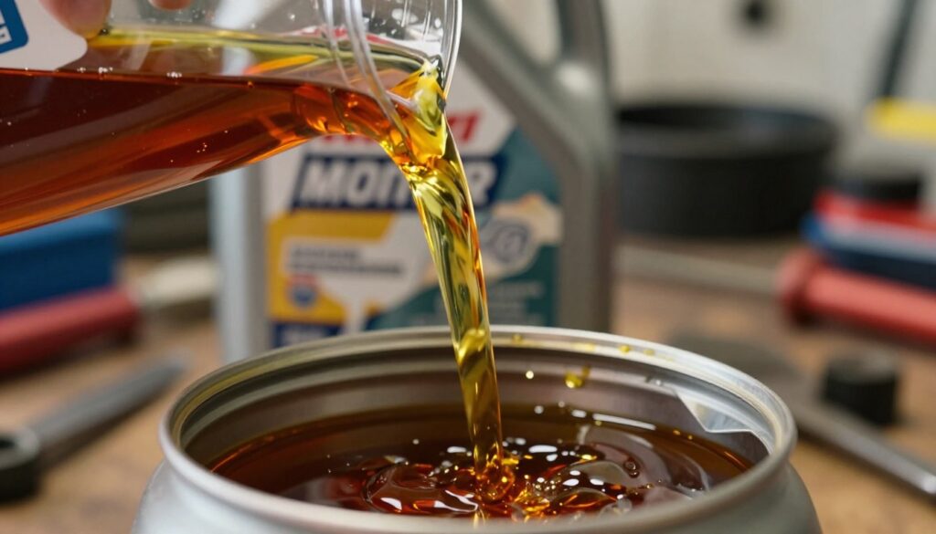 A close-up view of an open container of motor oil, with a glossy, deep amber liquid glistening in the light. In the foreground, focus on the oil pouring from a measuring cup into the container, capturing the viscosity and texture of the oil. In the middle layer, show the oil container with labels partially torn, reflecting the passage of time. In the background, subtly include a well-organized garage or workshop setting with tools and automotive parts, slightly blurred to add depth. The lighting is warm and inviting, creating a sense of observation and care. The mood should evoke curiosity and the importance of understanding motor oil's changes after opening. No text or logos present.