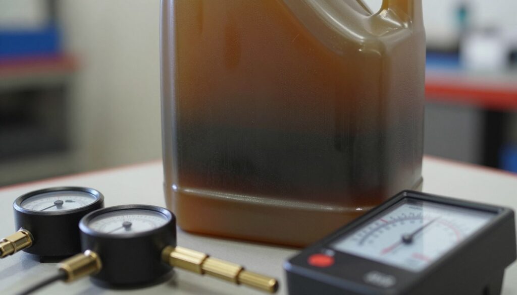 A close-up view of engine oil in a transparent container, showcasing its color and texture, with a subtle gradient from brown to black, indicating degradation. In the foreground, a set of laboratory instruments like a refractometer and a pH meter are neatly arranged. The middle ground features the oil container with a background of a blurred garage setting, hinting at automotive work. Soft, natural lighting highlights the oil’s viscosity and reflects off the instruments, adding an analytical feel to the scene. The atmosphere is focused and professional, evoking the importance of recognizing oil quality before use. No text or labels are present, ensuring clarity and emphasis on the visual elements.