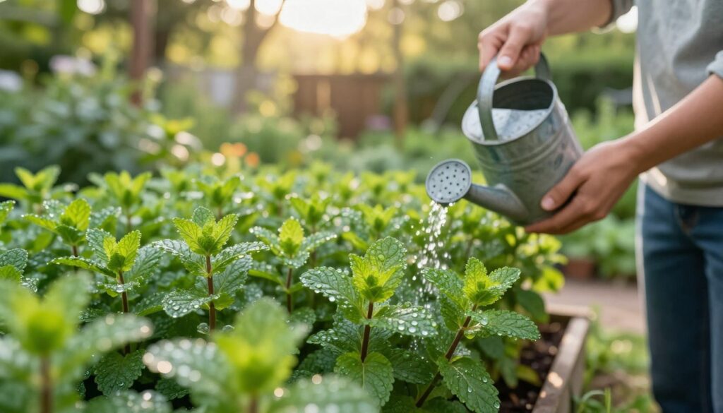 A close-up view of lush mint plants being carefully tended in a garden. In the foreground, the vibrant green leaves of the mint are glistening with morning dew, showcasing their freshness. A gardener in modest casual clothing gently waters the plants using a decorative watering can, emphasizing a hands-on approach to nurturing the herbs. In the middle ground, rows of well-kept mint plants create a rich texture, while the background features a soft-focus garden setting with sun-dappled light filtering through trees, casting a warm and inviting glow. The atmosphere is peaceful and serene, ideal for an aromatic herb garden. The scene is captured using natural sunlight to enhance the vibrant colors and details of the plants' foliage. A close-up view of lush mint plants being carefully tended in a garden. In the foreground, the vibrant green leaves of the mint are glistening with morning dew, showcasing their freshness. A gardener in modest casual clothing gently waters the plants using a decorative watering can, emphasizing a hands-on approach to nurturing the herbs. In the middle ground, rows of well-kept mint plants create a rich texture, while the background features a soft-focus garden setting with sun-dappled light filtering through trees, casting a warm and inviting glow. The atmosphere is peaceful and serene, ideal for an aromatic herb garden. The scene is captured using natural sunlight to enhance the vibrant colors and details of the plants' foliage.