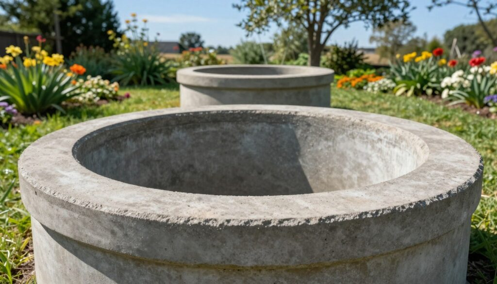 A close-up view of sturdy concrete well rings stacked neatly in a serene garden setting. The foreground features detailed textures of the rough concrete, showcasing their circular shapes and sturdy construction. In the middle ground, lush green grass and vibrant flowers surround the well rings, enhancing the natural environment. The background presents a clear blue sky and gentle sunlight filtering through leafy trees, creating a peaceful and inviting atmosphere. The lighting emphasizes the ruggedness of the concrete while maintaining a soft focus on the garden details. Capture this scene from a slightly elevated angle to provide depth and context, illustrating the well rings as a solid and aesthetic foundation for garden wells. The overall mood should feel both practical and harmonious with nature.