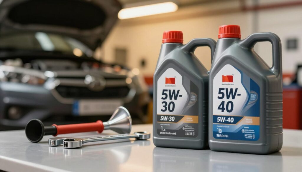 A close-up view of two bottles of motor oil, one labeled "5W-30" and the other "5W-40," prominently displayed on a clean, reflective surface. The foreground showcases the bottles, with the labels clearly visible, featuring modern, sleek designs that convey a sense of quality. In the middle ground, a neatly arranged assortment of automotive tools, such as a wrench and an oil funnel, hint at the practicality of motor oil use. The background is softly blurred, depicting a garage setting with warm, ambient lighting, creating a professional and informative atmosphere. Capture the scene from a slightly lowered angle to emphasize the bottles, while ensuring that the overall mood is clear, focused, and educational.