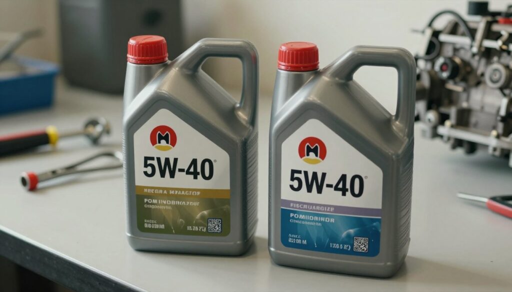 A close-up view of two engine oil containers, both labeled 5W-40, placed side by side on a clean, uncluttered workbench. One container should display a brand name, while the other shows a different label, emphasizing the risks of mixing oils from different manufacturers. Soft, natural lighting casts gentle shadows, highlighting the textures of the plastic containers. In the background, blurred tools and an engine component subtly suggest a mechanic's workspace, enhancing the industrial atmosphere. The composition should evoke a sense of caution and responsibility, encouraging viewers to consider the implications of mixing engine oils. The focus is clear, with a slight depth of field to draw attention to the oil containers, making it suitable for an informative article.