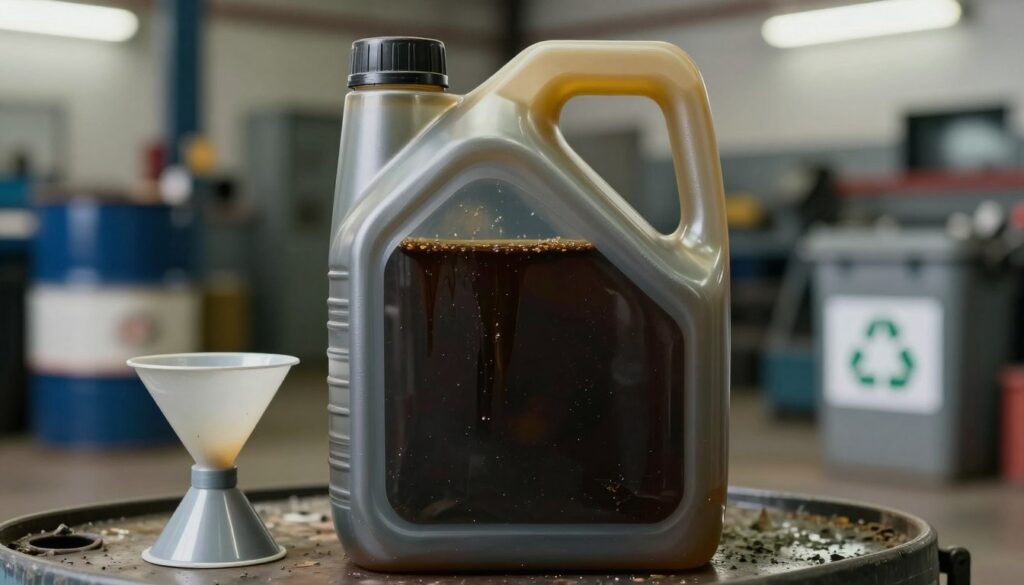 A close-up view of used motor oil in a translucent container, showcasing its dark, viscous consistency with subtle reflections of light on the surface. In the foreground, a small funnel and a labeled recycling bin specifically for motor oil, emphasizing the notion of proper disposal. The middle ground features a blurred industrial backdrop, suggesting an auto shop or recycling facility, with soft ambient lighting creating a professional atmosphere. The background highlights a few organized oil disposal barrels, reinforcing the theme of responsible waste management. The mood is serious and informative, inviting the viewer to consider the importance of proper oil disposal without distractions or overlays.