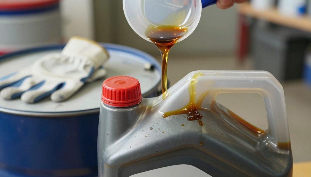 A close-up view of used motor oil in a transparent container, showing its thick, dark, and viscous texture. In the foreground, the container is prominently displayed, with some oil droplets forming at the top. In the middle ground, a clean, organized workspace with safety gloves and a funnel ready for pouring the oil safely into a transportable drum. The background features blurred items like a garage or workshop environment, with soft, natural lighting illuminating the scene. The atmosphere is professional, highlighting the importance of proper disposal and transport preparation. The angle is slightly tilted from above, emphasizing the container and surrounding preparation tools, creating a focused yet informative composition.