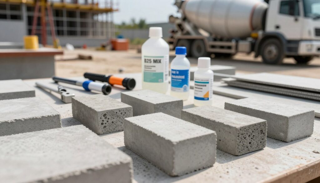 A close-up view of various concrete samples, including B25 mix, showcased on a textured surface. The foreground features a variety of concrete cubes, some with visible aggregates and textures, highlighting quality differences. In the middle ground, tools for measuring consistency and additives, like plasticizers and air-entraining agents, are arranged methodically, conveying their role in pricing. The background shows a construction site with equipment and a concrete mixer truck, all under natural daylight that casts soft shadows. The atmosphere is informative and professional, evoking a sense of industry and craftsmanship. Capture this scene with a slight depth of field, focusing sharp on the foreground elements while gently blurring the background to emphasize key components.