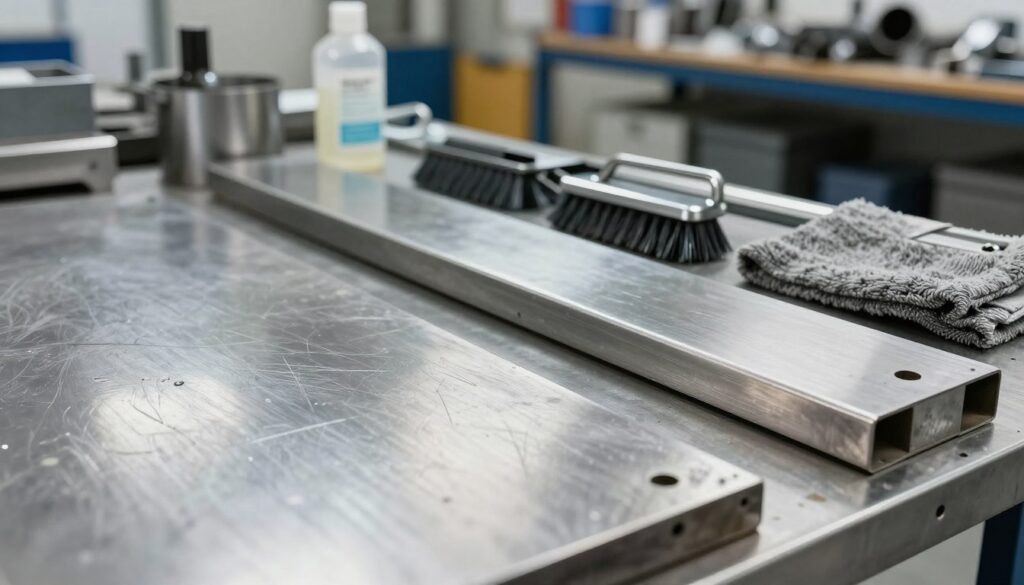 A close-up view of various metallic surfaces, including brushed steel, polished aluminum, and raw iron, reflecting light in a well-lit industrial setting. The foreground features different textures of metal, showcasing their intricate details like scratches and marks, with droplets of a cleaning solvent on some surfaces. In the middle ground, metallic tools like brushes and cloths used for degreasing are arranged neatly. The background is slightly blurred to emphasize the foreground, with shelves filled with metal parts and equipment in an organized workshop environment. Soft, natural lighting creates a clean, professional atmosphere, illuminating the surfaces and enhancing their textures. The overall mood is focused and industrious, reflecting the importance of proper surface preparation.