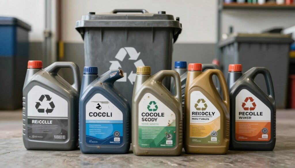 A collection of used motor oil containers, showcasing various sizes and designs. In the foreground, focus on several slightly dirty oil bottles, some with labels partially torn off, emphasizing their worn condition. In the middle ground, include a recycling bin clearly designated for used industrial waste, with a background of a clean, organized garage or workshop environment. Soft overhead lighting creates a professional atmosphere, highlighting the containers and recycling bin, while casting gentle shadows to add depth. The overall mood should feel responsible and educational, perfectly capturing the importance of proper disposal and recycling of motor oil containers without any clutter or distractions.