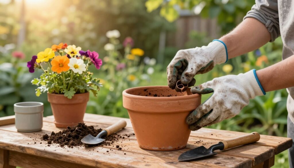 A colorful and rustic scene depicting the preparation of an old pot for repurposing as a flower pot. In the foreground, a vintage ceramic pot is placed on a wooden workbench, surrounded by gardening tools, soil, and vibrant flowers ready to be planted. The middle ground features a pair of gloved hands carefully cleaning the pot and adding drainage holes, showcasing the process of renewal. In the background, a lush garden filled with greenery and a soft, golden sunlight filtering through trees creates a warm, inviting atmosphere. The composition captures the serenity and creativity of gardening, with a focus on the handmade aspect of transforming old objects into functional art. Soft focus enhances the nostalgic feel, making it a perfect visual representation of rejuvenation in gardening.