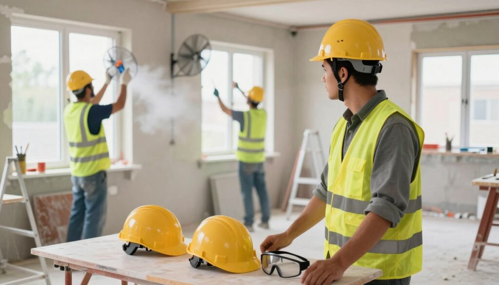 A construction site during a renovation, focusing on accident prevention. In the foreground, a worker in professional safety attire, including a hard hat and reflective vest, carefully examines safety equipment like helmets and goggles spread on a table. In the middle ground, two additional workers are applying proper ventilation measures, opening windows and using fans to disperse fumes from solvent. The background features ongoing renovation work, showcasing partially renovated walls and tools. The scene is well-lit with natural light streaming in through large windows, creating a bright and safe atmosphere. The overall mood is proactive and careful, emphasizing safety protocols to prevent accidents during the renovation process. A construction site during a renovation, focusing on accident prevention. In the foreground, a worker in professional safety attire, including a hard hat and reflective vest, carefully examines safety equipment like helmets and goggles spread on a table. In the middle ground, two additional workers are applying proper ventilation measures, opening windows and using fans to disperse fumes from solvent. The background features ongoing renovation work, showcasing partially renovated walls and tools. The scene is well-lit with natural light streaming in through large windows, creating a bright and safe atmosphere. The overall mood is proactive and careful, emphasizing safety protocols to prevent accidents during the renovation process.