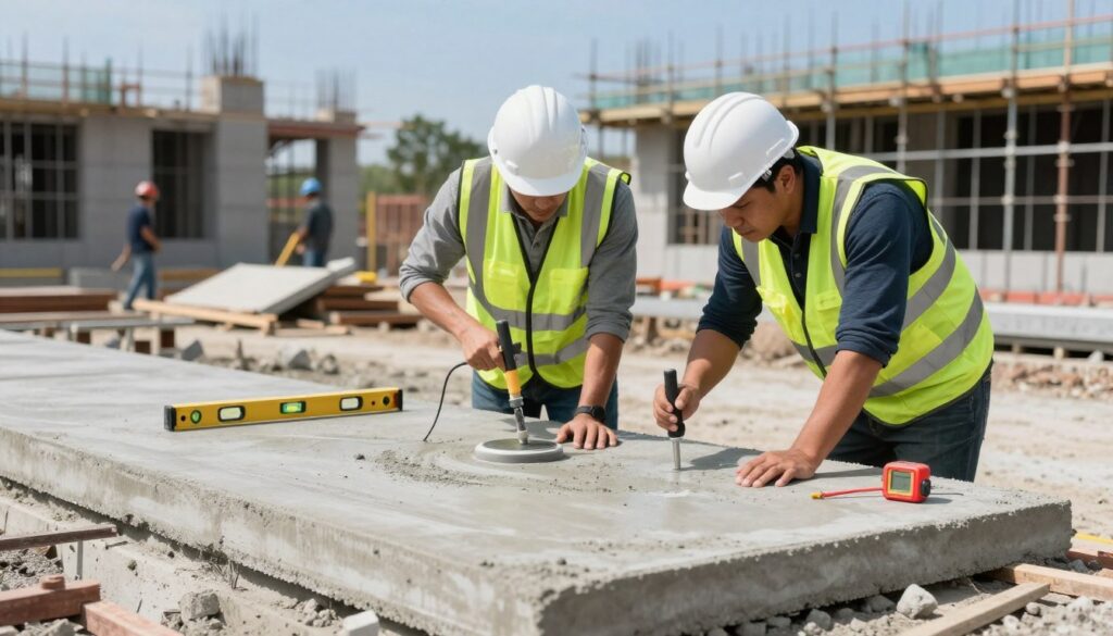 A construction site featuring a concrete slab in the foreground, with two construction professionals in hard hats and safety vests performing tests on the concrete's surface. One is using a Schmidt hammer, while the other checks moisture levels with a digital meter, both focused and engaged in their tasks. In the middle ground, work tools like a level and measuring tape are visible, scattered around. The background shows partially constructed buildings with scaffolding and workers in the distance, under a bright blue sky. Natural light illuminates the scene, highlighting the textures of the concrete and tools, creating a professional and diligent atmosphere focused on quality assurance in construction.