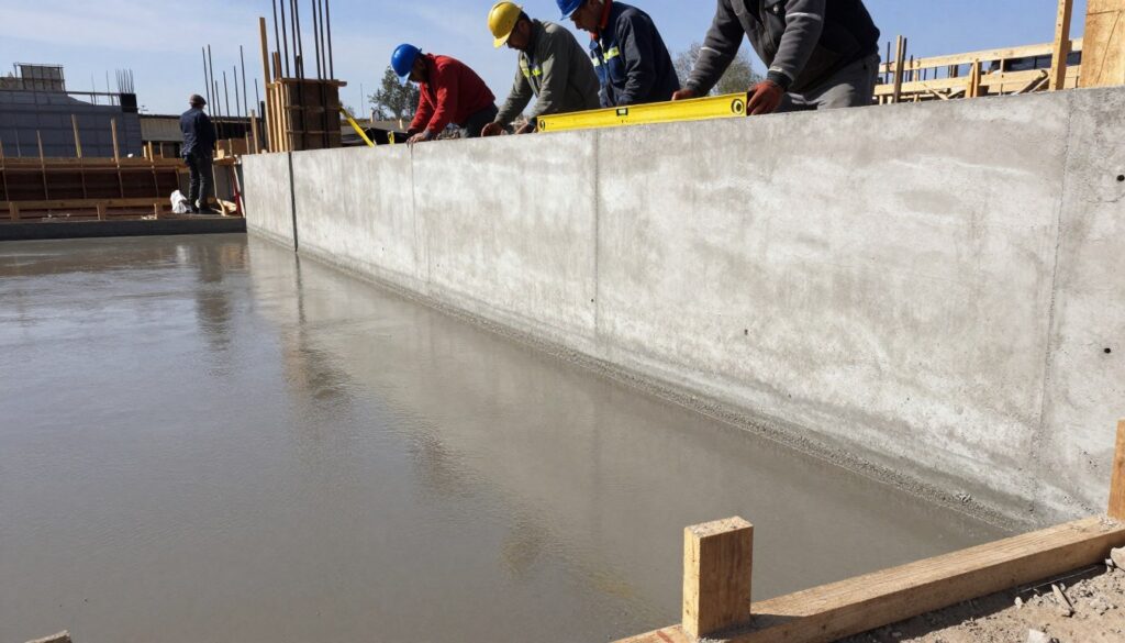A construction site featuring a freshly poured concrete foundation slab with a vertical wall being formed. In the foreground, the smooth, wet surface of the foundation slab glistens under natural daylight, while wooden forms are set against the concrete wall. The middle ground shows construction workers in professional attire, focused and using measuring tools, ensuring precise levels of the wall. In the background, a clear blue sky casts soft shadows on the site. The atmosphere is industrious and focused, highlighting the technical aspects of pouring walls and foundations, with a balanced view that captures the essence of structural integrity in construction. The scene is shot at eye-level to emphasize the scale and details of the work being carried out.