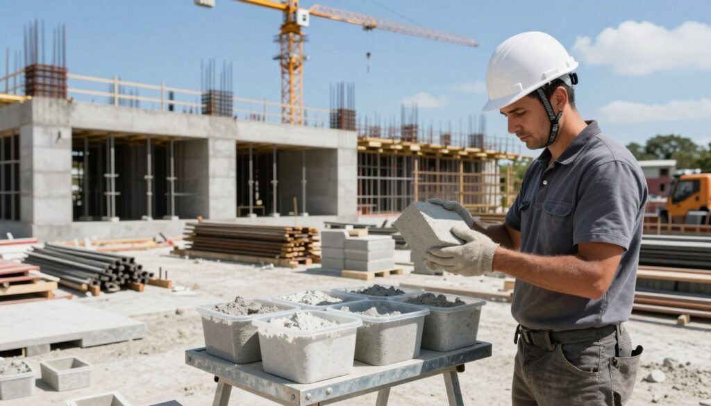 A construction site featuring a professional contractor in a hard hat, checking the weight of concrete samples. In the foreground, a sturdy metal scale displays various concrete samples in clear containers, showcasing different types of mixtures. The middle ground reveals a partially constructed building, with concrete blocks and rebar materials organized neatly. In the background, construction machinery and cranes are visible against a bright blue sky. The lighting is bright and natural, highlighting the textures of the concrete and surrounding materials. The scene conveys a sense of professionalism and practicality, capturing the meticulous nature of construction work and the importance of concrete weight in building processes. A construction site featuring a professional contractor in a hard hat, checking the weight of concrete samples. In the foreground, a sturdy metal scale displays various concrete samples in clear containers, showcasing different types of mixtures. The middle ground reveals a partially constructed building, with concrete blocks and rebar materials organized neatly. In the background, construction machinery and cranes are visible against a bright blue sky. The lighting is bright and natural, highlighting the textures of the concrete and surrounding materials. The scene conveys a sense of professionalism and practicality, capturing the meticulous nature of construction work and the importance of concrete weight in building processes.