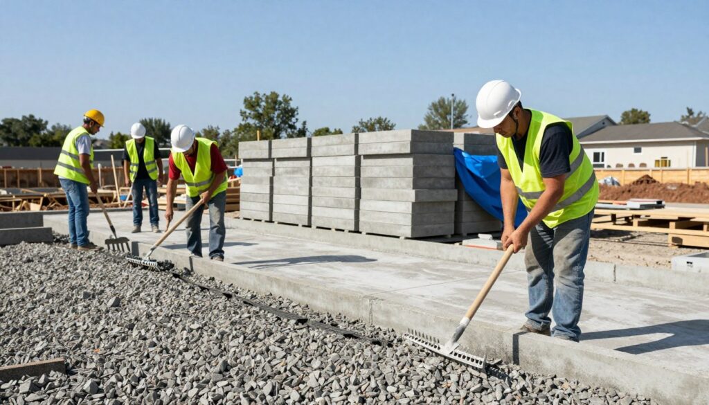 A construction site featuring a professional team preparing the ground for concrete edging. In the foreground, workers in safety vests and helmets methodically level a bed of gravel with shovels and a rake. The middle ground includes a neatly arranged stack of concrete edging blocks, partially covered with a blue tarp, hinting at preparation for installation. In the background, a clear blue sky complements the scene, with distant trees and buildings offering context of suburban development. The sun casts soft, natural light on the scene, enhancing the colors and textures of the gravel and concrete. The atmosphere is focused and industrious, emphasizing teamwork and attention to detail in preparing the foundation.