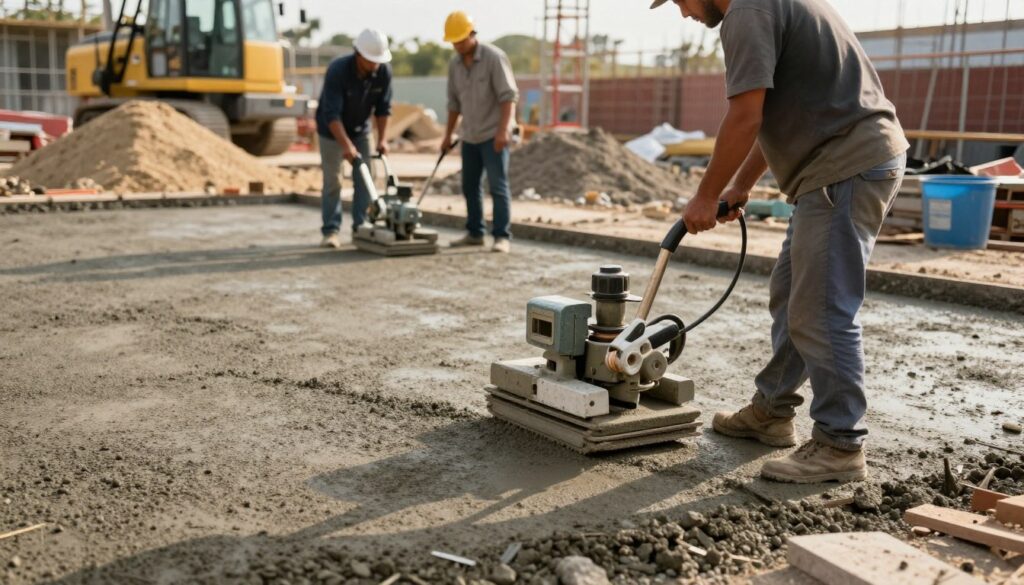 A construction site focused on the techniques of compacting dry concrete, showcasing workers in professional attire using specialized equipment. In the foreground, a worker operates a vibrating plate compactor on a smooth, newly poured patch of dry concrete, showcasing the texture and fine aggregate mix. The middle ground features additional workers checking the mix’s consistency with tools and measuring devices, set against piles of raw materials like sand and gravel. The background includes construction machinery and partially completed structures in soft focus, bathed in warm afternoon sunlight to enhance the mood of productivity and diligence. The angle is slightly elevated, providing a comprehensive view of the site dynamics, emphasizing the importance of proper compaction techniques for durability.