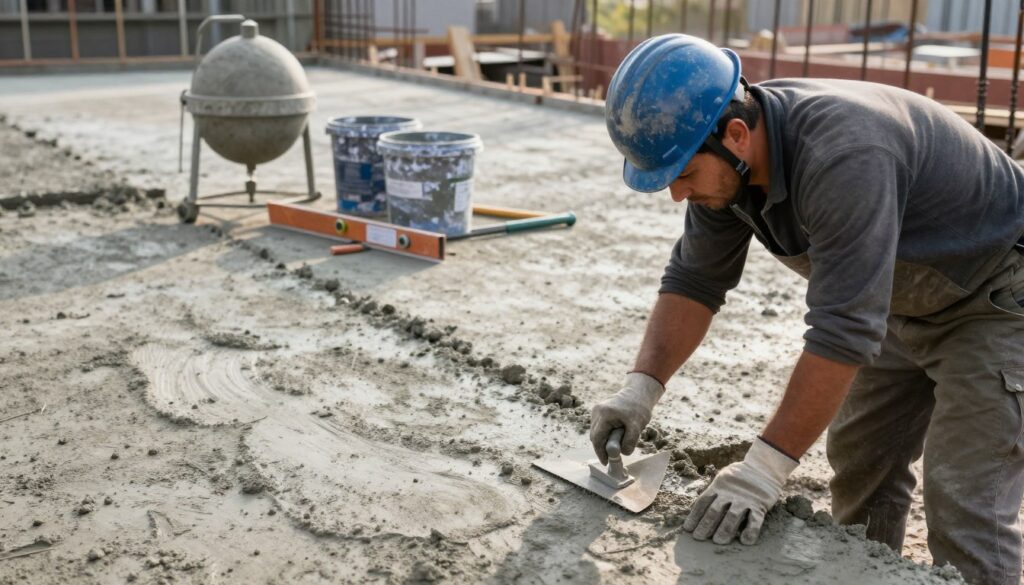 A construction site focusing on preparing a concrete surface for repair. In the foreground, a professional worker in a safety helmet and gloves is using a trowel to smooth out a rough patch of concrete, showcasing attention to detail and technique. The middle ground features scattered tools like a concrete mixer, buckets, and a leveling tool, emphasizing a work-in-progress setting. The background displays a partially completed concrete slab, with reinforcement bars and other construction materials visible. The scene is illuminated by soft morning sunlight, creating a warm yet industrious atmosphere. The overall image should convey professionalism, readiness, and the meticulous nature of concrete repair preparation.