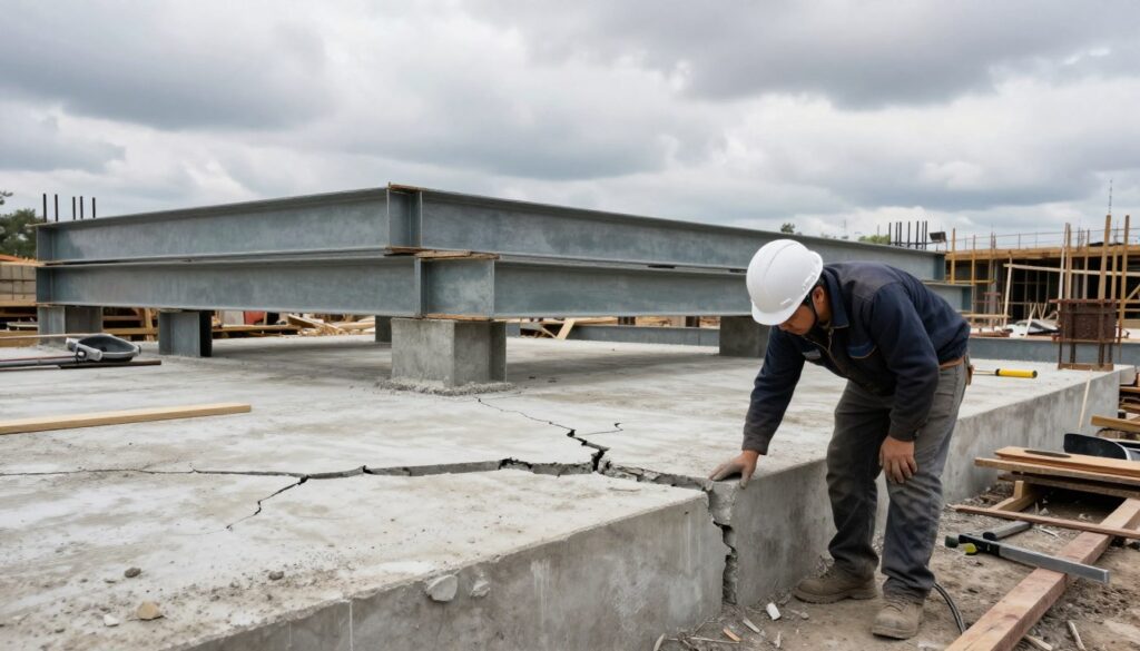 A construction site illustrating the dangers of premature loading on concrete foundations. In the foreground, a worker in a hard hat examines a cracked concrete slab, clearly indicating structural failure. In the middle, partially erected steel beams show signs of stress, while construction tools are scattered around, reinforcing the sense of urgency. The background features a cloudy sky, casting overcast lighting that enhances the somber mood. Capture the scene from a slightly elevated angle to emphasize the vulnerability of the foundation. The atmosphere should convey concern and caution, focusing on the importance of proper timing in concrete development, all while maintaining professionalism with no visible text or human expressions of distress.