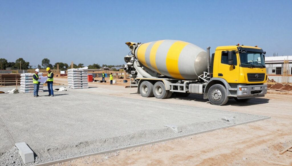A construction site prepared for the delivery of concrete mix, showcasing a wide-open area with fresh gravel and marked outlines for the mixer truck's arrival. In the foreground, a modern concrete mixer truck stands ready, its vibrant yellow and grey colors contrasting against the earthy tones of the site. Workers in professional attire meticulously check their plans, positioned beside the truck with safety helmets and reflective vests. The middle ground features neatly stacked bags of concrete mix and various construction tools. The background displays a clear blue sky and distant building structures, capturing the essence of a bustling construction zone. The scene is illuminated with soft natural light, enhancing the clarity and details of the setup, evoking a mood of organized efficiency and readiness.