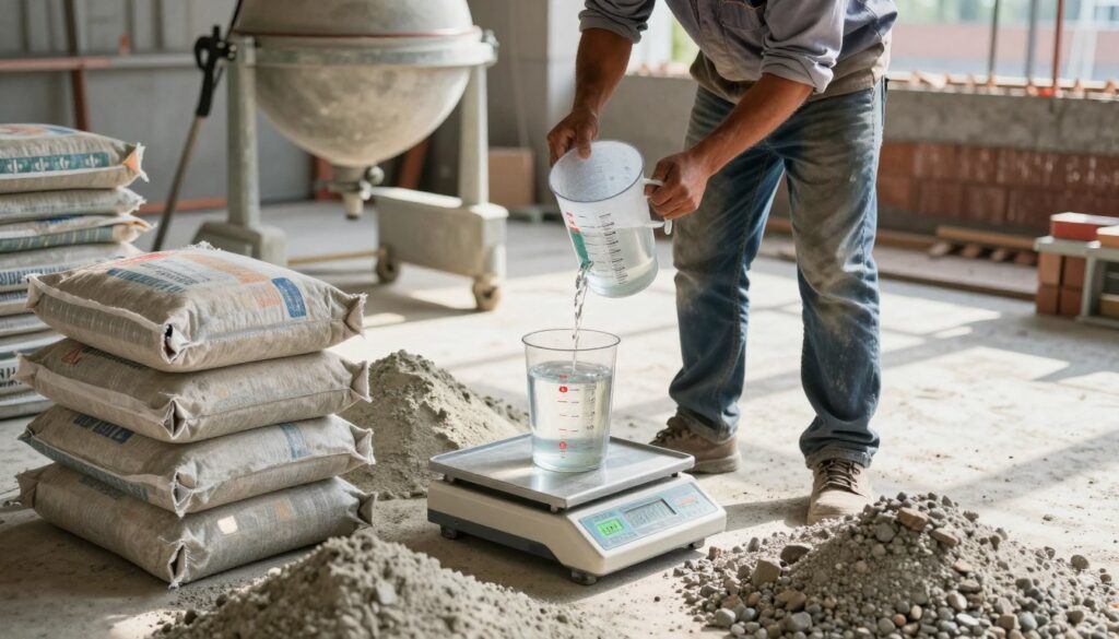A construction site scene focused on measuring concrete ingredients, illustrating various methods used. In the foreground, a digital scale is prominently displayed with bags of cement, sand, and gravel around it, showcasing precise measurements. In the middle ground, a construction worker in professional attire carefully measures water using a graduated cylinder, ensuring accuracy. Behind them, stacks of materials and tools are visible, with a concrete mixer in the background, partially obscured by shadows, adding depth. The scene is bathed in natural sunlight, casting soft shadows, and the composition is shot from a lower angle to emphasize the hustle of construction. The mood is industrious and focused, conveying a sense of professionalism and attention to detail in the building process.
