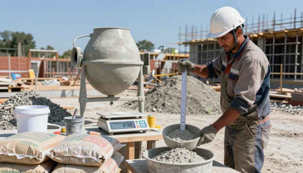 A construction site scene focused on methods for measuring concrete ingredients. In the foreground, a skilled worker, dressed in a safety helmet and professional work attire, is using a measuring scale to weigh cement and sand, surrounded by bags of materials. The middle of the image features a concrete mixer and various measuring tools like buckets and a digital scale, with piles of gravel and sand nearby. In the background, a clear blue sky overhead enhances the atmosphere of an active building site, while scaffolding and half-constructed structures are visible. The lighting is bright and natural, casting soft shadows, creating a productive and dynamic mood that captures the essence of construction work.