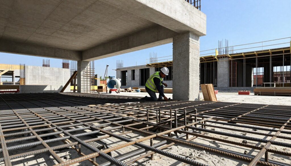 A construction site showcasing the reinforcement of concrete for a ceiling slab. In the foreground, steel rebar is prominently arranged in a grid structure, revealing the intricate detailing of the reinforcement. In the middle, a worker in a hard hat and safety vest is carefully measuring and positioning the rebar, displaying professionalism and attention to detail. The background features a partially constructed building, with concrete mixers and tools scattered about, under a clear blue sky that bathes the scene in natural light. The angle captures a slightly elevated view, emphasizing the scale of the construction. The mood conveys a sense of diligence and technical expertise, highlighting the critical role of reinforcement in concrete work.