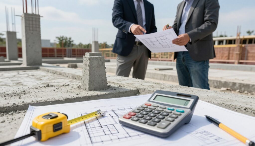 A construction site where a team of professionals is calculating concrete quantities for different structural elements. In the foreground, a detailed close-up of a construction calculator and measuring tape lying on a blueprint of a foundation plan, with markers indicating areas for footings and columns. The middle ground features two engineers in business attire discussing the plans, pointing at specific measurements on a large technical sheet. The background reveals a partially constructed site with concrete slabs, pillars, and a clear blue sky. Soft, natural lighting illuminates the scene, creating a professional and focused atmosphere. A wide-angle lens captures the depth of the site, emphasizing both the technical details and teamwork involved in calculating concrete needs.