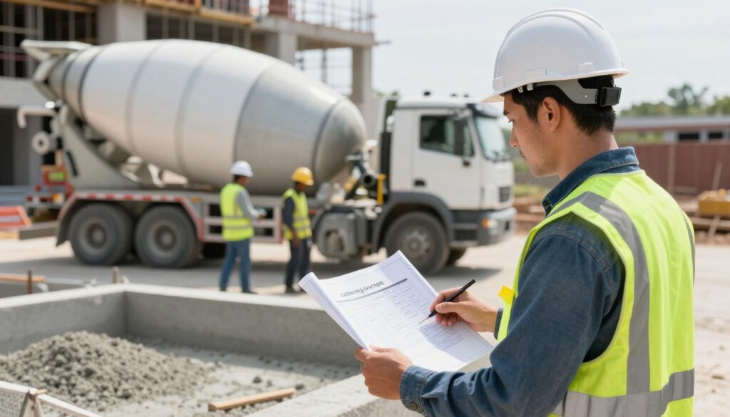 A construction site with a focus on "ordering concrete." In the foreground, a professional contractor in a hard hat and safety vest is examining a detailed blueprint with measurements and calculations for a concrete structure. In the middle ground, a concrete mixer truck and workers are preparing to unload concrete, showcasing materials and tools commonly used on-site. The background features a partially constructed building, emphasizing the scale of the project. Soft, natural daylight bathes the scene, creating a warm and productive atmosphere. The angle is slightly elevated, providing a clear view of the interactions between the contractor and the workers. The image should reflect professionalism, precision, and the importance of avoiding mistakes in ordering building materials.