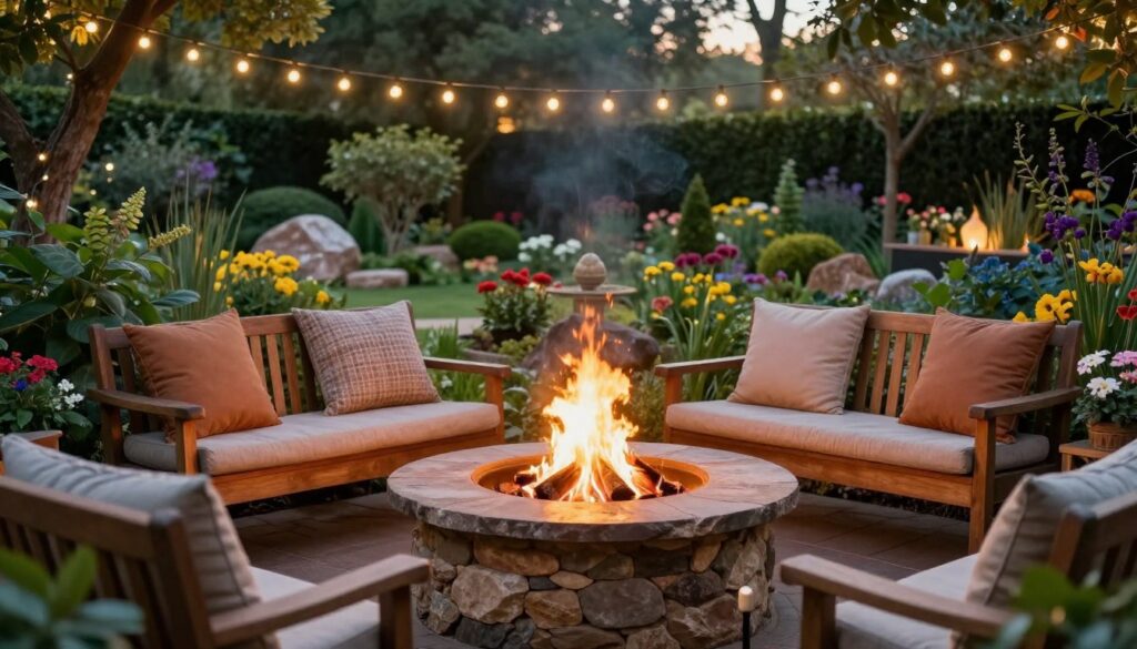 A cozy outdoor scene featuring a beautifully designed garden fire pit surrounded by inviting seating. In the foreground, the fire pit is made of natural stone, with glowing flames casting a warm light. Surrounding it are tasteful wooden benches adorned with plush cushions, inviting relaxation. In the middle ground, lush greenery, colorful flowers, and carefully placed decorative rocks enhance the aesthetic appeal. The background showcases a serene garden with tall trees and softly lit fairy lights strung above, creating a magical atmosphere during dusk. The scene is captured with a warm, soft focus lens, emphasizing the comforting glow of the fire and the vibrant colors of the garden. A cozy outdoor scene featuring a beautifully designed garden fire pit surrounded by inviting seating. In the foreground, the fire pit is made of natural stone, with glowing flames casting a warm light. Surrounding it are tasteful wooden benches adorned with plush cushions, inviting relaxation. In the middle ground, lush greenery, colorful flowers, and carefully placed decorative rocks enhance the aesthetic appeal. The background showcases a serene garden with tall trees and softly lit fairy lights strung above, creating a magical atmosphere during dusk. The scene is captured with a warm, soft focus lens, emphasizing the comforting glow of the fire and the vibrant colors of the garden.