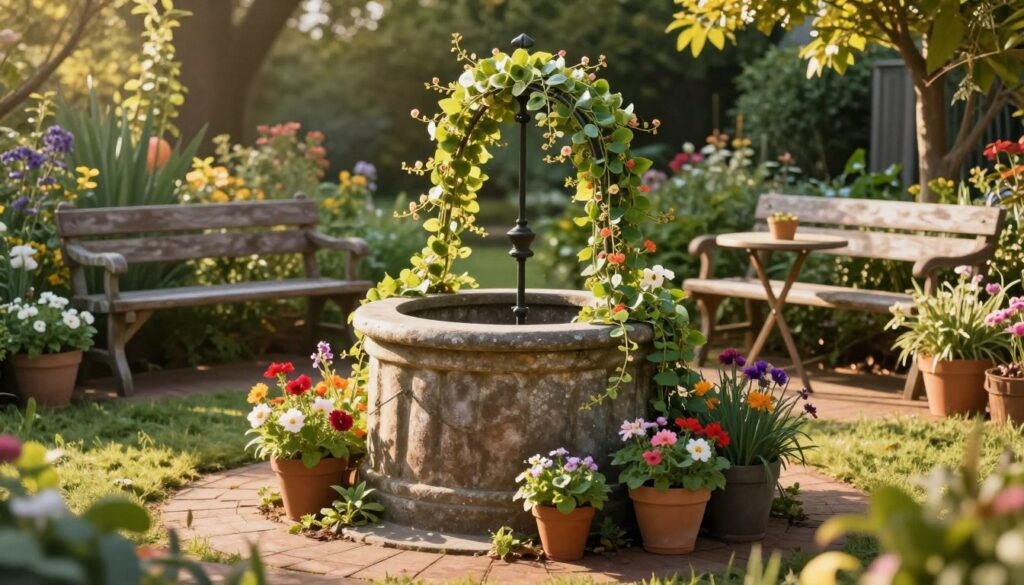 A creative garden scene showcasing an old well repurposed as a decorative focal point. In the foreground, the well is surrounded by vibrant flowers, cascading vines, and potted plants, creating a lush, inviting atmosphere. The middle ground features charming garden furniture, like a rustic bench and a small table, enhancing the cozy vibe. The background includes soft greenery and trees, complementing the serene garden environment. The lighting is warm and golden, suggesting early morning or late afternoon, casting gentle shadows to emphasize the textures of the well and surrounding flora. The image evokes a sense of creativity and tranquility, celebrating unique garden arrangement ideas. No people are present in the scene. A creative garden scene showcasing an old well repurposed as a decorative focal point. In the foreground, the well is surrounded by vibrant flowers, cascading vines, and potted plants, creating a lush, inviting atmosphere. The middle ground features charming garden furniture, like a rustic bench and a small table, enhancing the cozy vibe. The background includes soft greenery and trees, complementing the serene garden environment. The lighting is warm and golden, suggesting early morning or late afternoon, casting gentle shadows to emphasize the textures of the well and surrounding flora. The image evokes a sense of creativity and tranquility, celebrating unique garden arrangement ideas. No people are present in the scene.