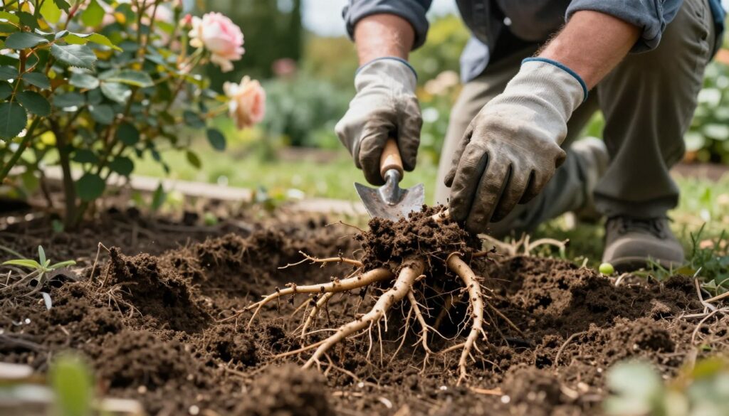 A detailed and realistic depiction of a rose root system being carefully excavated from the soil. In the foreground, show a close-up view of the complex network of roots, showcasing their intricate structure and earthy texture, with soil clinging to them. In the middle ground, illustrate a gardener, dressed in durable gloves and modest gardening attire, gently using a trowel to dig around the roots, emphasizing their focus and care. The background should feature a lush garden setting, with blooming rose bushes and dappled sunlight filtering through the leaves, creating a serene, harmonious atmosphere. Use soft, natural lighting to highlight the details of the roots and the gardener's actions, capturing the nurturing essence of maintaining healthy plants.