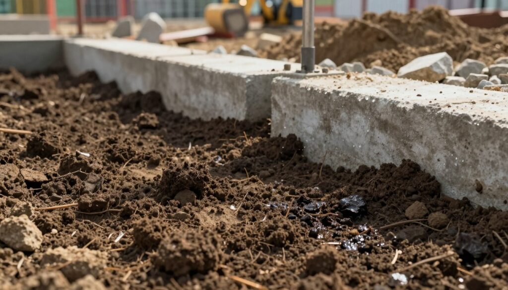 A detailed and realistic depiction of soil moisture around building foundations. In the foreground, show a close-up view of damp soil with dark, moist areas interspersed with lighter, dryer soil, illustrating varying moisture levels. In the middle ground, feature concrete foundations partially buried, visibly affected by the surrounding moisture, with water droplets glistening under soft natural light. The background should contain a gradient of blurred construction elements, such as stones and earth moving equipment, to suggest an active building site. Use warm daylight for lighting to create a hopeful and industrious atmosphere, evoking the importance of soil moisture on foundation durability. The angle should create depth, emphasizing the foreground details while the background conveys context.
