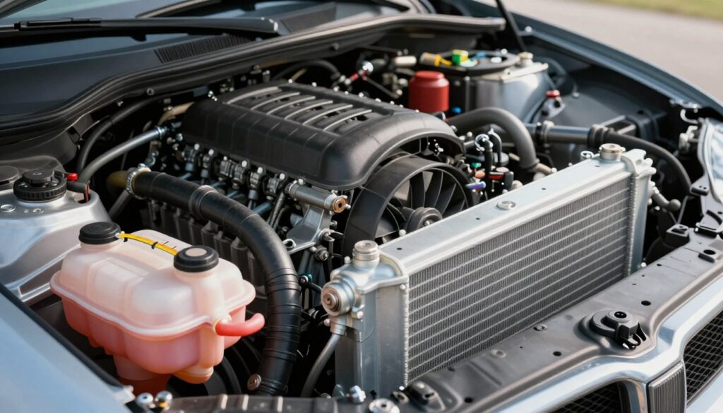 A detailed and technical illustration of a car engine cooling system, prominently featuring various components like the radiator, coolant reservoir, and hoses. In the foreground, focus on the coolant reservoir with liquid level indicators and realistic textures. The middle ground displays the engine's cooling fan and radiator, showcasing intricate details such as cooling fins and the surrounding metalwork. The background softly illustrates the car chassis, slightly blurred for depth. The lighting is bright and natural, mimicking an outdoor setting, with sunlight highlighting the reflective surfaces of the metal parts. The atmosphere conveys a sense of precision and engineering, suitable for a technical article discussing engine cooling and safety.