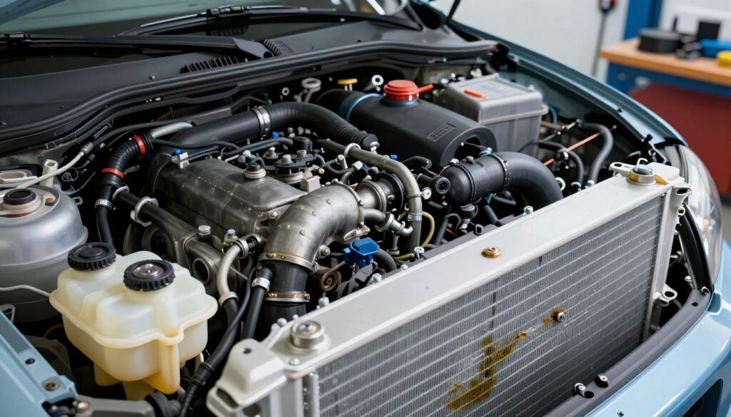 A detailed and technical illustration of a car's cooling system, showcasing the intricate components like the radiator, hoses, and coolant reservoir. In the foreground, focus on a clear view of the coolant fluid, highlighting any signs of oil contamination with a slightly murky appearance. The middle-ground should reveal the cooling system layout with emphasis on connections and seals, indicating where potential leaks could occur. In the background, include a subtle, blurred image of a workshop environment with tools and car parts, suggesting a space where preventative maintenance takes place. The lighting should be bright and focused, simulating a professional diagnostic setting, with a slightly cool color temperature to convey a precise, technical atmosphere. The angle should be slightly above eye level to provide an expansive view of the cooling assembly.