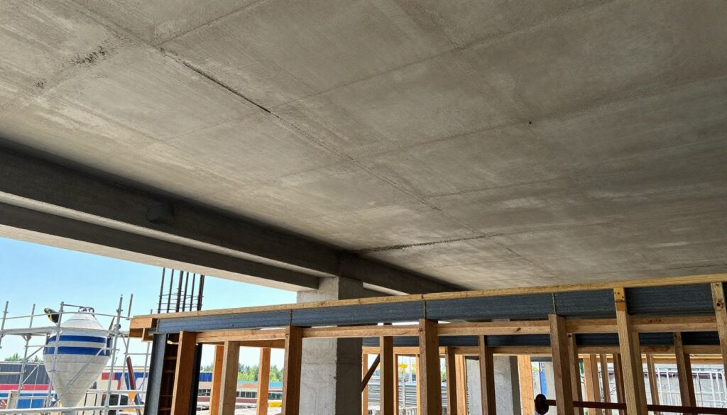 A detailed architectural scene depicting a Teriva ceiling construction process, focusing on the precise concrete elements necessary for such a structure. In the foreground, highlight the reinforced steel beams and the wooden formwork being installed, showcasing tools and materials involved. In the middle ground, illustrate a partially completed ceiling with a smooth layer of fresh concrete being poured, demonstrating the technique and care in the work. The background features a construction site environment with scaffolding, concrete mixers, and a clear blue sky, emphasizing a productive atmosphere. Use natural lighting to reflect a bright, sunny day, ensuring visibility of textures and details. The composition should feel dynamic yet organized, conveying a sense of professionalism and technical precision in construction.
